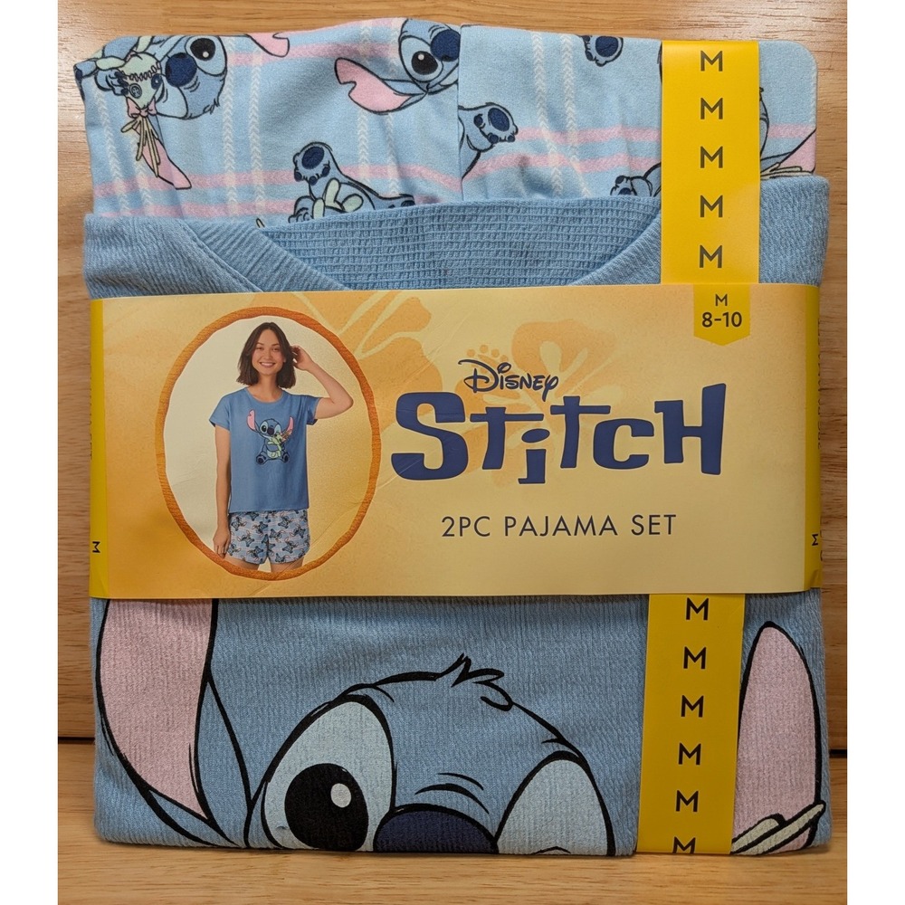 Disney Lilo & Stitch Pajama Set Womens Medium 8-10 Blue 2pc Shirt Shorts New